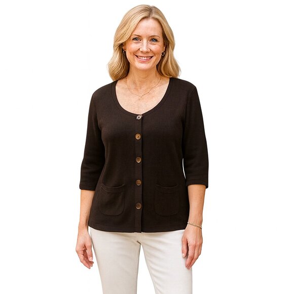 Chico's Size 1 Dark Brown Button Up Sweater - Picture 2 of 7